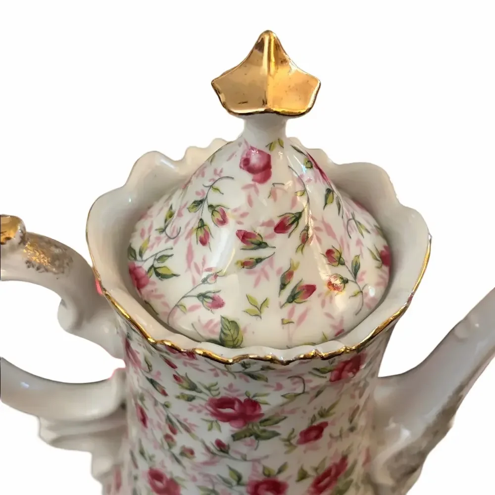 Lefton Rose chintz Bone China Coffee Pot hand painted  original sticker 660R